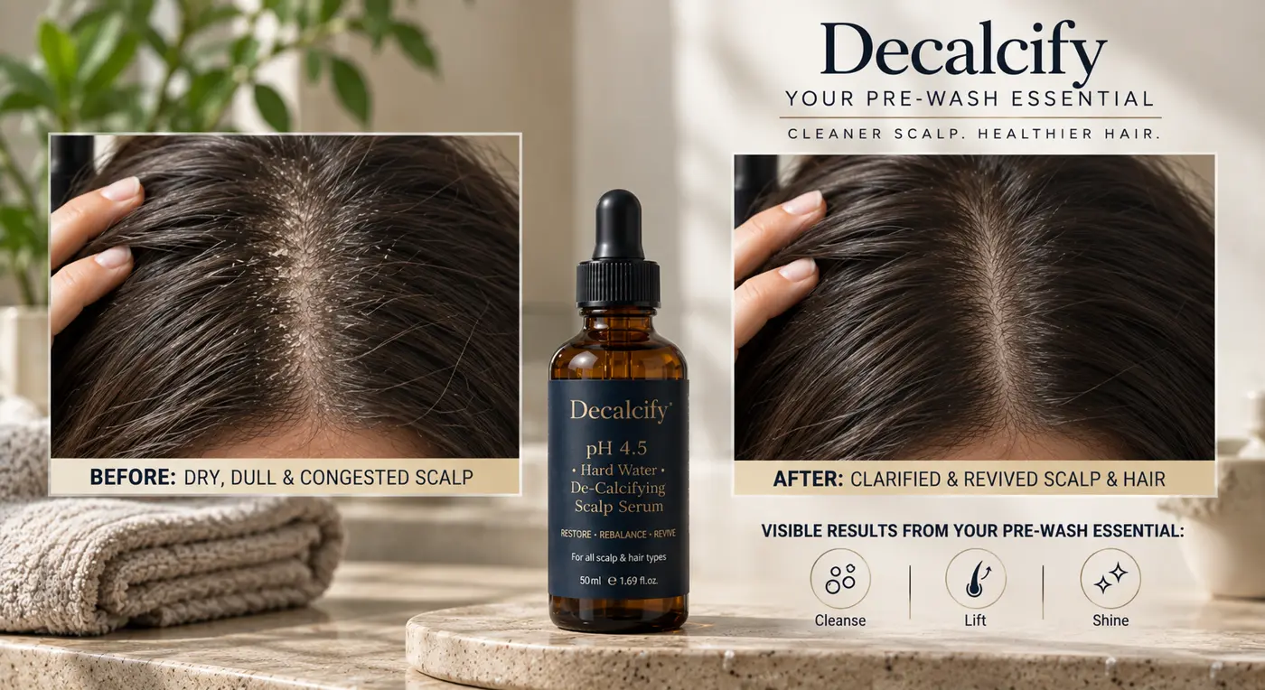 Before and after using Decalcify: dry, dull, congested scalp versus clarified and revived scalp and hair