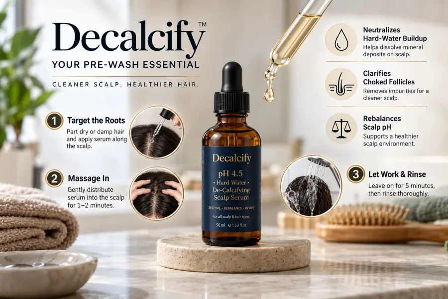 Decalcify 3-step pre-wash protocol: target roots, massage in, let work and rinse