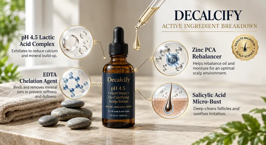 Decalcify active ingredient breakdown: EDTA, lactic acid, zinc PCA, salicylic acid